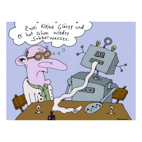 Ein Wissenschaftler und ein Roboter trinken Wein.