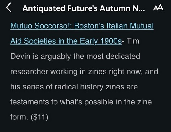 a blurb about my new zine, reading "Tim Devin is arguably the most dedicated researcher working in zines right now, and his series of radical history zines are testaments to what's possible in the zine form."