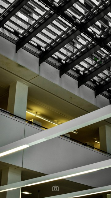Cross-hatch pattern of lamps, floors, and atrium windows in public library