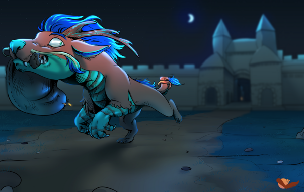 Azurite the raptor-dragon's stealing some coins during night time, escaping from a medieval like city architecture