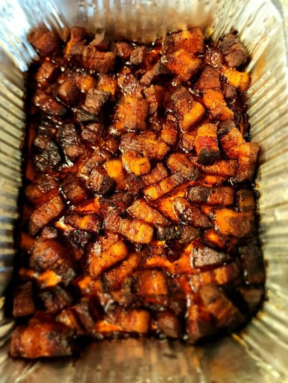 Maple and bourbon smoked pork belly burnt ends.