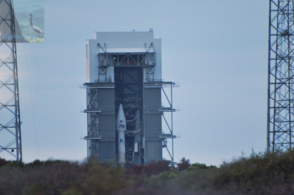An outdoor photograph of the upper stage and white, conical payload fairing of an Atlas 5 rocket, which is inside its Vertical Integration Facility whose doors are open. The Facility is a white tower, but its lower half is obscured by trees.
