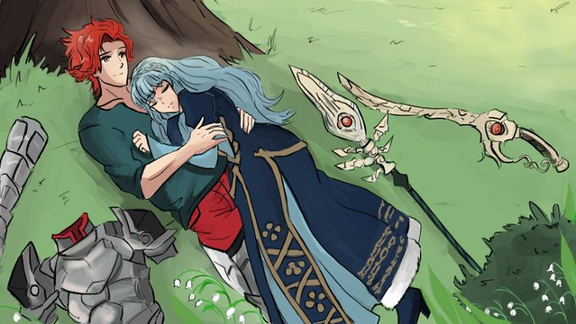 Woman with blue hair cuddles with a knight with red hair. Armor and weapons lay scattered about.