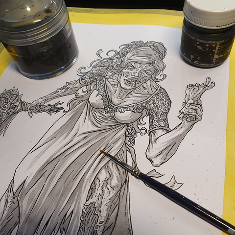 ink washing a zombie bride