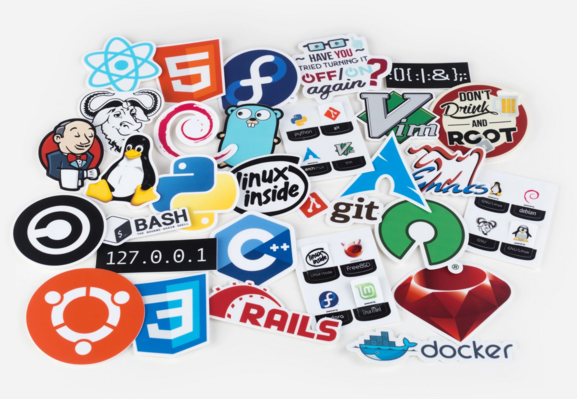 set of stickers by stickermule showing a few linux distributions as well as other open source projects