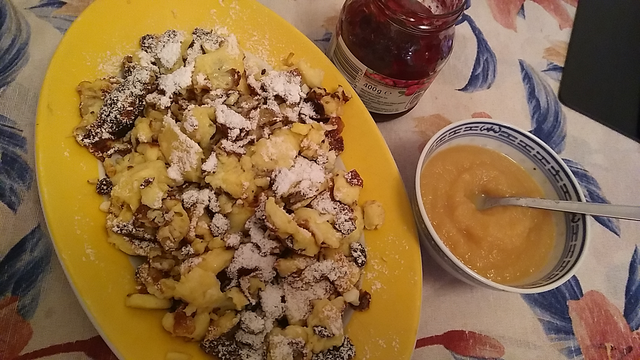 A nicely abundant serving of Kaiserschmarrn with cranberries and Apfelmus (Sorry, no ZwetschgenrÃ¶ster yet).