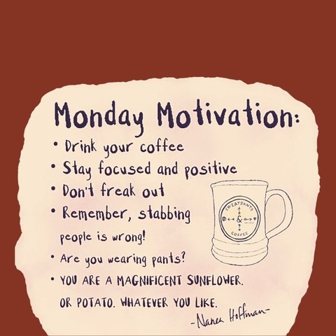 Title: Monday Motivation
Bullet Points: Drink your coffee, stay focused and positive, don't freak out, remember stabbing people is wrong! Are you wearing pants? You are a magnificent sunflower or potato. Whatever you like.
