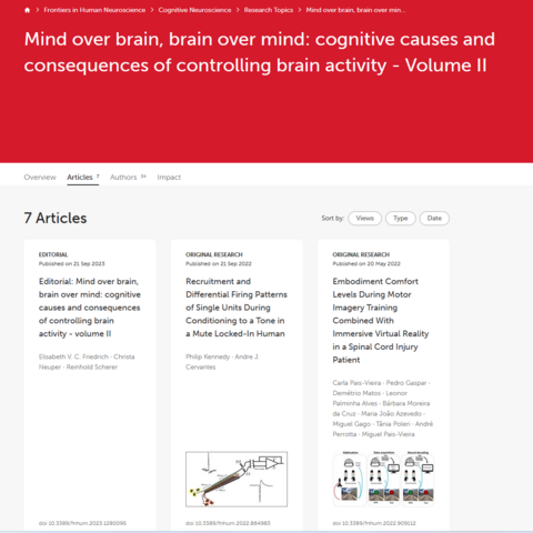 A screen shot of the link to the research topic overview--at the top, a red banner with "Mind over brain, brain over mind: cognitive causes and consequences of controlling brain activity - volume II" in white letters, and below that links to the various articles.