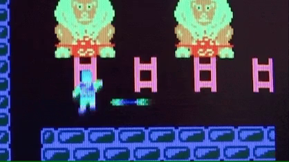 Gameplay gif demonstrating arrows in "Hero in the Castle of Doom". The player character must repeatedly climb ladders to dodge a constant barrage of arrow fire.
