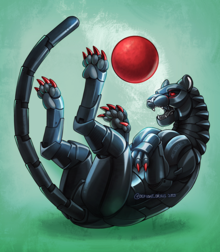 A digital drawing of a mechanized jaguar rolled on its back, playing with a large, inflatable ball much like a house cat would play with a large ball of yawn.