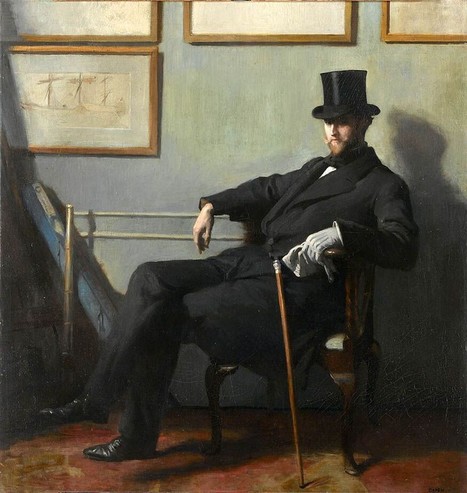 Seated Victorian artist gentleman in black suit top hat and cane