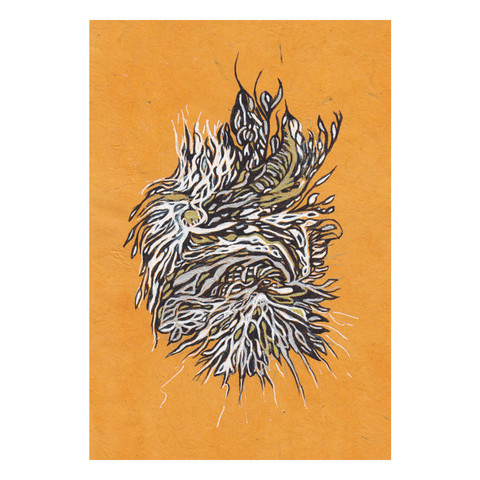 An abstract drawing of lines and shapes. They embrace each other ... flow around each other. Silver, gold, black and white ink, drawn on an orange handmade paper. Size: 13,6 * 20,5 cm. Drawn in July 2022.