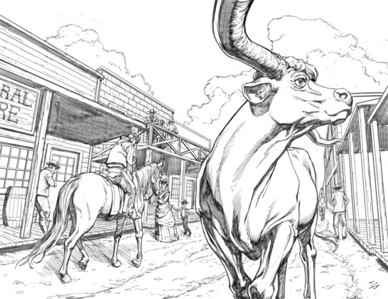 A pencil drawing of a cow walking don't the street of an old west town.