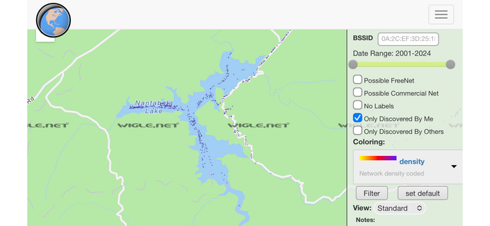 Natahala Lake in North Carolina is spidered with many thin purple lines on a map showing a Wigle.net WarBoat outing