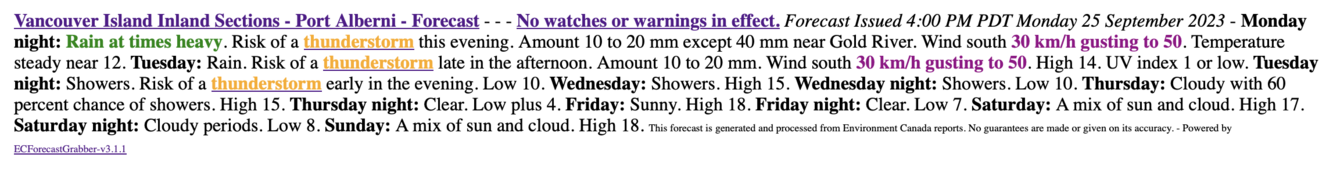 A screenshot of the Vancouver Island Inland sections forecast.