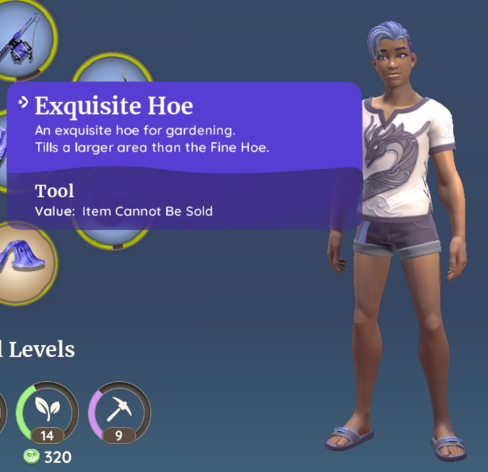 Screenshot from the game Palia, showing an item named "Exquisite Hoe". Also shown is the poster's character, he's a young man with blue/white swooping hair, wearing a short sleeve shirt with a dragon on it, also he's wearing short blue hot pants, and blue sandals.