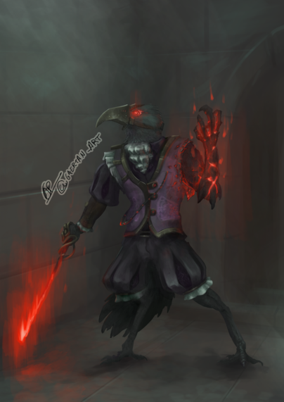 digital drawing of an anthropomorphic raven in elegant clothing, wielding a glowing rapier and sporting a demonic arm, his beak is covered by a metal muzzle. he is in a dungeon, doing somewhat of a challenge/getting prepared posepose