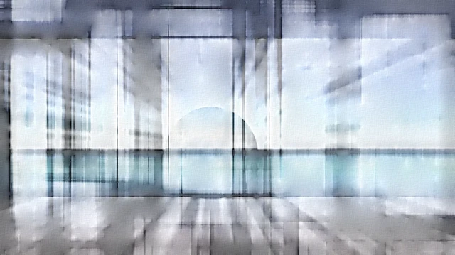 Abstrakte Komposition im Querformat, in grau, blau, weiÃŸ. Im Wesentlichen sind's verwaschen wirkende Quadrate und Rechtecke, teilweise gekippt, die irgendwie die Illusion eines lichtdurchfluteten Raumes aus grobem Papier mit nassem, spiegelndem Boden erzeugen.