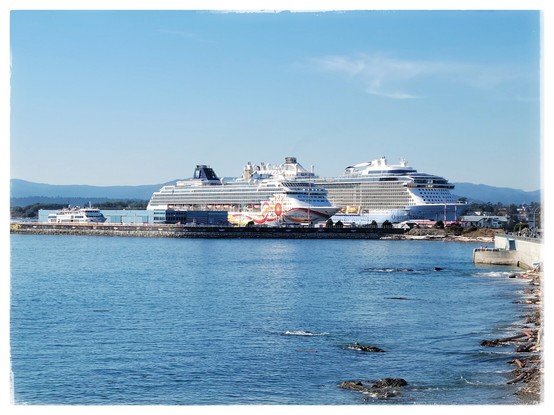 An image of Ogden Point and the cruise ship terminal in Victoria, BC. There are three ships in port. One has a passenger capacity of 4000+ passengers. The second has a passenger capacity of 2000 passengers. The third has a passenger capacity of 100 passengers.