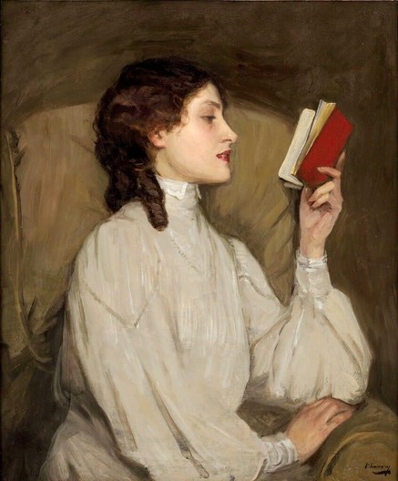 Seated young lady reading a small red book