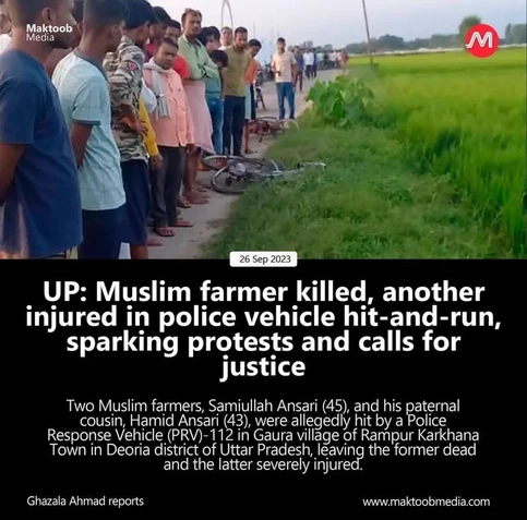 A news card which says , two muslim farmers were allegedly hit by a Police Responsive Vehicle (PRV)