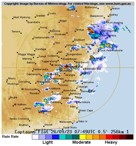 Rain radar for south-east NSW showing some high rainfall and storms from the Snowies through Michelago up to Captains Flat, and up around Wollongong.