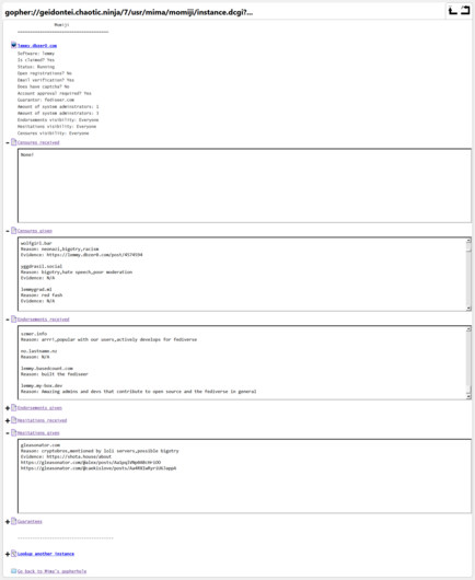 Screenshot of lemmy.dbzer0.com's page in Momiji, with Nazrin/OverbiteFF as the Gopher client. The "Censures received", "Censures given", "Endorsements received", and "Hesitations given" items are toggled.