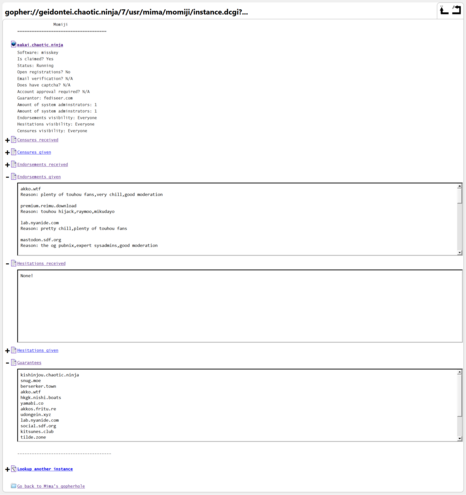 Screenshot of makai.chaotic.ninja's page in Momiji, with Nazrin/OverbiteFF as the Gopher client. The "Endorsements given", "Hesitations received", and "Guarantees" items are toggled.