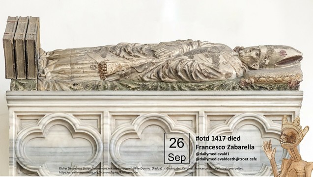 The picture shows a reclining tomb figure in the regalia of a cardinal
