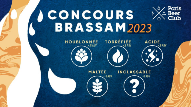 Affiche pour le concours brassam 2023 du Paris Beer Club présentant les 5 catégories : Houblonnée (< 8 abv), Torréfiée (< 8 abv), Acide (< 8 abv), Maltée (< 8 abv), Inclassable (> 8 abv)