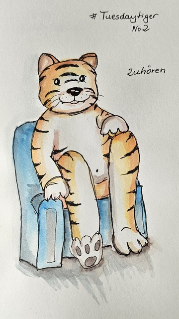 Aquarell: Ein junger großer Tiger sitzt in einem blauen Sessel (eher Kindergröße) und scheint aufmerksam zu lauschen