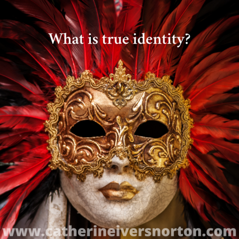 A fanciful golden carnival mask with red feathers. Caption reads, "What is true identity?"