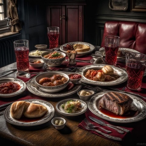Scottish lunch art: Food and beer for four, meat joint and various side dishes