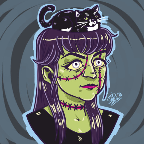 Icon commission: a digital illustration in a cartoony style. It's a self portrait of myself as a zombie with stitches all over the face and green skin. My head is cut on the top and instead of brains my cat is just comfortably sitting there.