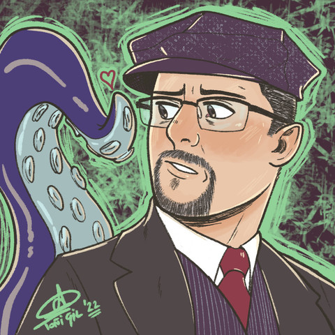 Another icon commission. The cartoony style makes it even funnier: this is a man in 20's attire looking to his side with worry. Behind him there's a tentacle that wants to be friends! A little heart is over them and all. My client is playing a Call of Cthulhu game hahah.