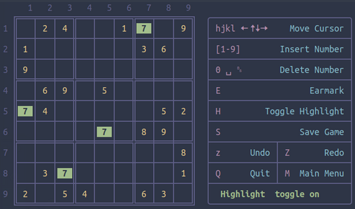 tui-sudoku, a terminal user interface sudoku game is running on a terminala window