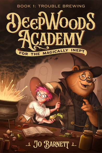 A fictional book cover titled "DeepWoods Academy for the Magically Inept." On it, a pink-haired girl in a witch's hat panics as her caulrdon explodes, spewing potion and black smoke. A kindly senior witch - who is also a bear - gently advises her.
