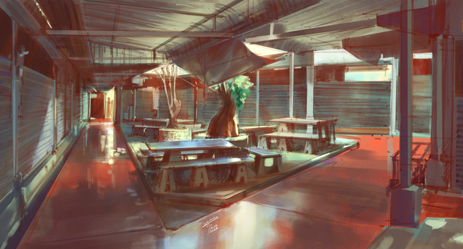Digital photo study painting of a quiet resting area inside a city market during early morning - it is not the opening time for shops yet.
