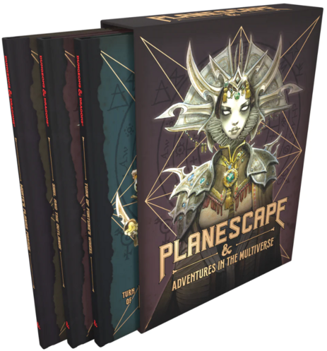 A slipcase cover reads "Planescape & adventures in the multiverse"
inside there are three dungeons and dragons source books sticking out of the slipcase. This is the alternate cover, exclusive to game stores.