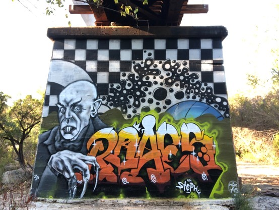 A skillfully done black-and-white street art painting of Nosferatu by the artist, Steph, on a stanchion of a railroad trestle. A word in letters fading from orange to yellow and then white in a bottom to top direction may spell out "roaes," though I am uncertain. TNR, the natives remain, appears in the lower right-hand corner.