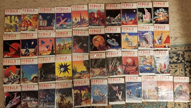 Some forty-odd copies of Nebula magazine. The covers are very typical 1950s scifi scenes with weird space ships, aliens, robots, crazy machines, odd planets and buildings.