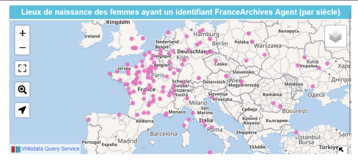 Lieux de naissance des femmes nées au 19e siècle ayant un identifiant FranceArchives Agent (cartographie des résultats de Wikidata)