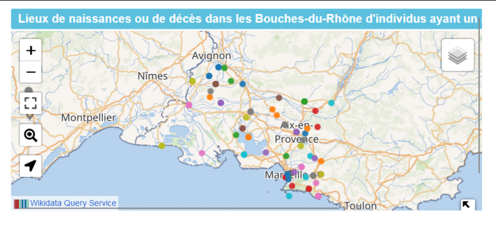 Carte des lieux de naissance ou de décès dans les Bouches-du-Rhône des individus ayant un identifiant FranceArchives Agent (d'après Wikidata)