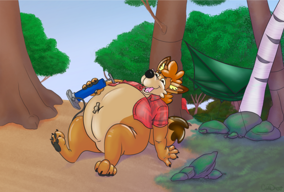 A tan inflatable Kay Ohtie the coyote, at a campsite in the woods. Kay is sitting and is leaning back on one arm to support the size of his round belly full of air. The other hand holds a blue  air pump. He is wearing a plaid, red, button-front collared shirt, which is open and unable to button closed due to his size.

Behind there is a green forest, with a mossy and rocky patch to Kay's right. Stretched between two nearby trees is a green hammock and rain fly covering it. In the mossy corner is the artist's signature, Odd Doggo.

Art done by me, as ever in the amazinf open-source art program Krita