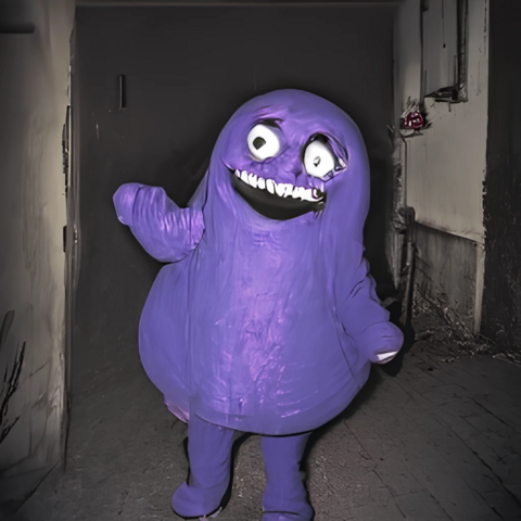 a glitchy distorted Grimace standing in a dark alleyway.  they're smiling but also kind of sad looking.