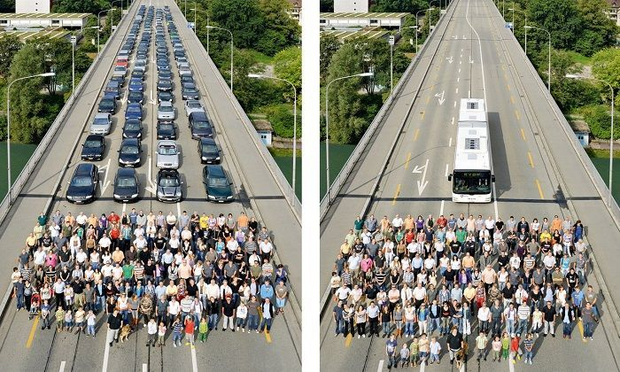 Side-by-side photographs of a highway, left side shows dozens of cars and all the people standing in front who would drive them, and right side shows a single bus  with no other vehicles, and all the people standing in front who would ride in it. Looks like about the same number of people.