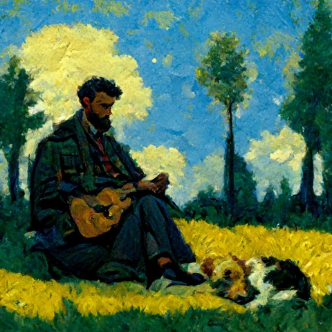 A painting in the style of Vincent van Gogh. The man on the left is sitting in a flowering meadow, playing an instrument resembling a guitar or lute, with a dog listening to him. High clouds float in the blue sky. There are also several mature trees.