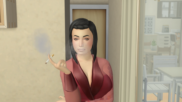 My Sim smoking a cigarette in her hallway. She has light skin, black shoulder-length hair, medium build and is wearing a red nightgown.