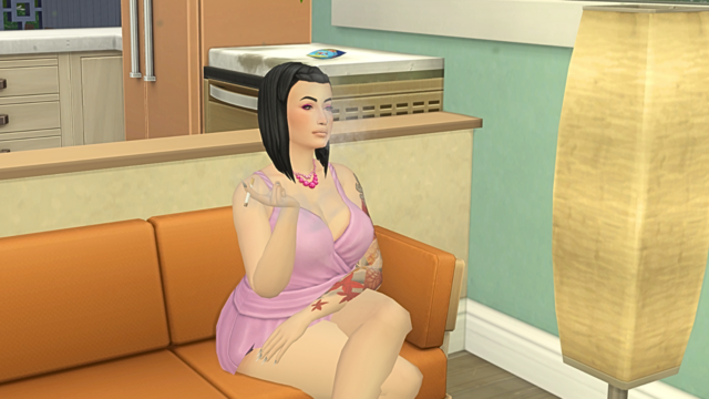 My Sim smoking a cigarette in her lounge room. She has light skin, black shoulder-length hair, medium build and is wearing a pink one-piece swimsuit. She’s sitting on an orange lounge.