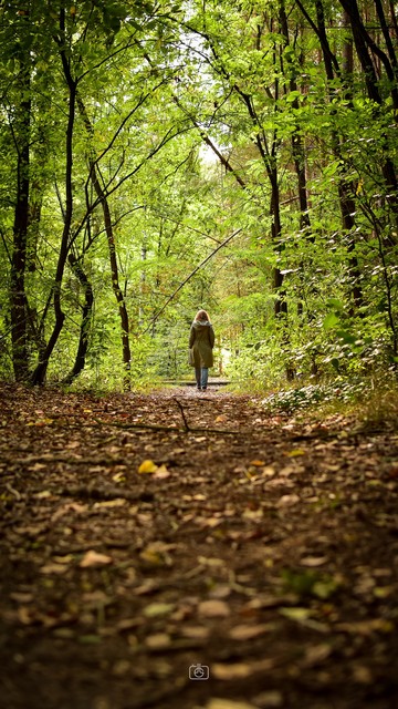 Picture of a woman wearing a long coat walking on a forest path away from the viewer. Nikon D5600, Nikkor DX 35 mm Æ’1.8G, ISO 500, Æ’3.2, 1/160s